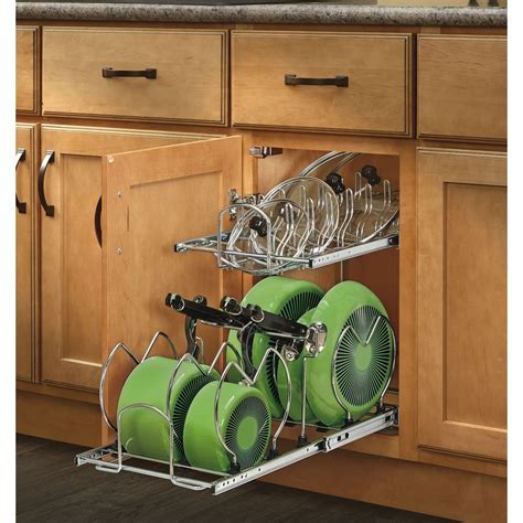 These single and two-tier chrome wire baskets are ideal for organizing your valuable pots, pans, and other bulky items! The 5WB Series Baskets are available in (3) depths and (5) widths to fit many different application. . Rev a shelf lowes